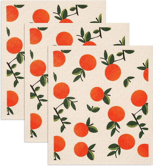 Swedish Dishcloths 3 Pack Oranges Print Reusable Sponges Kitchen Cleaning Cloth Dish Scrubber, Machine Washable, Measures 7.87”x6.88 inches.