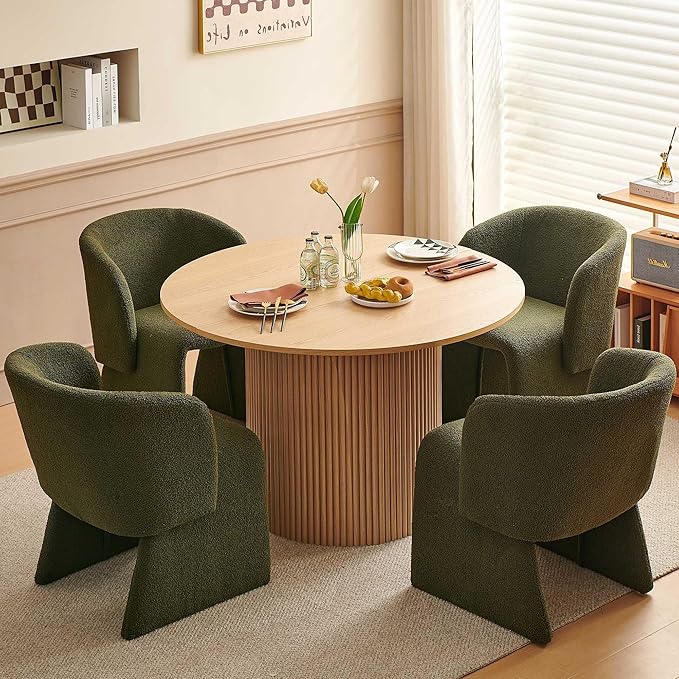 5-Piece Dining Table Set for 4, Modern Round MDF Kitchen Table with Oak Finish, Two-Part Tabletop, Stylish Breakfast Table and 4 Cozy Dining Side Chairs Upholstered Set