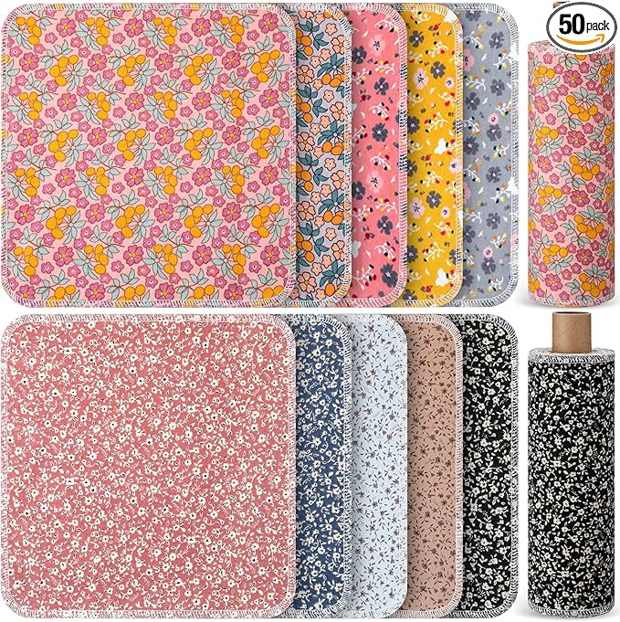Redbaker 50 Pcs Reusable Paper Towels Paperless Reusable Cotton Cloths Toilet Absorbent Washable Paper Towels with Roll Kitchen Dishcloth for Kitchen Paperless Dishcloths(Rustic)