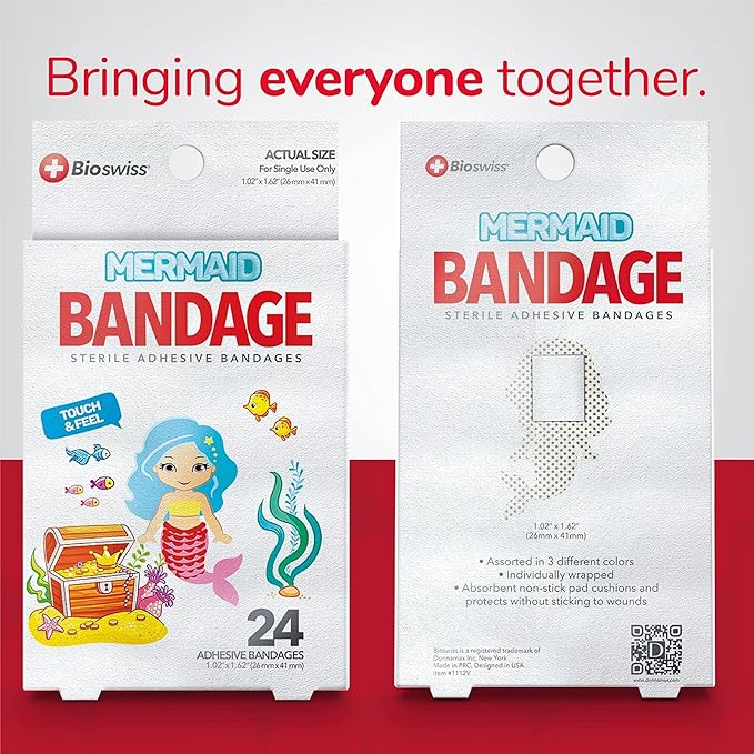 BioSwiss Kids Bandages, Mermaid Shaped Self Adhesive Bandage Set, Latex Free, Sterile Wound Care, 24 Count