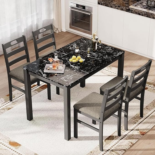 PHI VILLA Dining Table Set for 4, Modern Farmhouse Kitchen Table Set, Faux Marble Dining Table and 4 Cushioned Chairs, Solid Rubber Wood Dining Room Table Set, Veined Black Marble& Gray