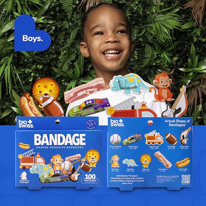 BioSwiss Kids Bandages, Assorted Animal, Fun and Food Shaped Self Adhesive Bandage for Boys, Latex Free, Sterile Wound Care, 100 Count