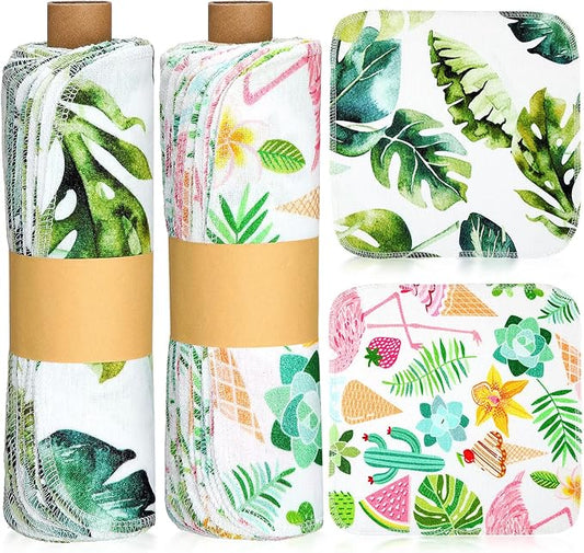 Redbaker 50 Pcs Reusable Paper Towels Paperless Reusable Cotton Cloths Toilet Absorbent Washable Paper Towels with Roll Kitchen Dishcloth for Kitchen Paperless Dishcloths(Leaves)