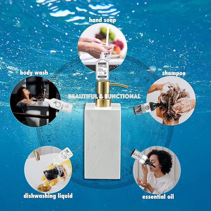LAGOM HOUSE Marble Soap Dispenser with Gold Stainless Steel Pump top White Italian Natural Stone Marble Liquid Hand Soap Dispenser Decorative Bottle for Kitchen Bathroom Countertop