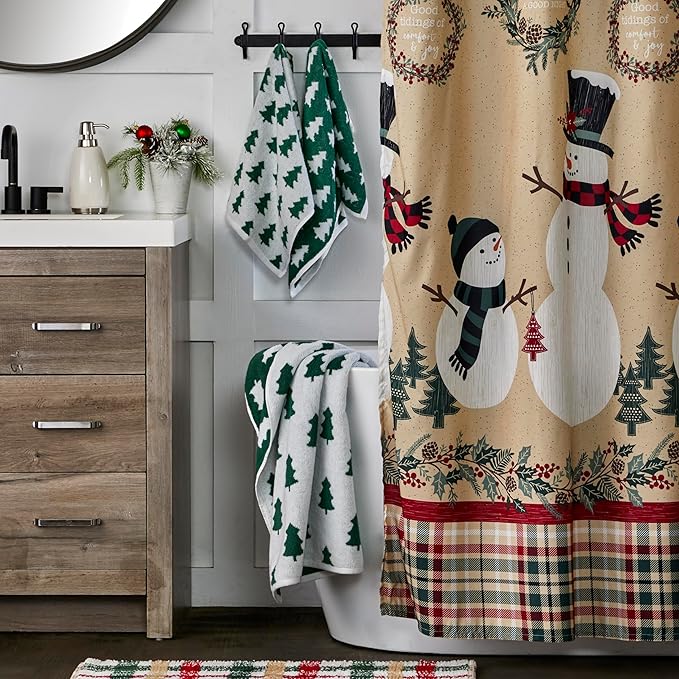 SKL Home Christmas/Winter Holiday Trees 100% Cotton Premium 2-Piece Hand Towel Set, 500 GSM, Reversible Jacquard, Soft & Absorbent, Decorative for Bath/Kitchen/Bar & Gift, Green/White