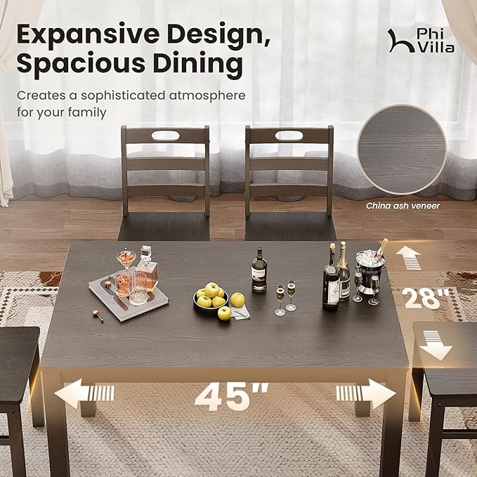 PHI VILLA Dining Table Set for 4, Classic Farmhouse Kitchen Table with 4 Chairs with Built-in Handle, Solid Wood Rectangle Dinner Table Set, Dark Walnut