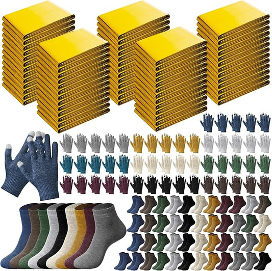 150 Pcs Winter Emergency Warm Set Includes Thermal Blankets Touchscreen Gloves Thick Socks Bulk Homeless Care Kit for Cold Weather Outdoor Survival Supplies Outdoor Aid (10 Colors)