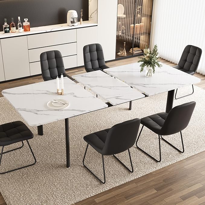 Extendable Dining Table Set for 6-8 People, 63 to 78.7 Inch MDF Kitchen Table with 6 Upholstered Chairs, Space-Saving for Dining Room, Breakfast Nook (White Table & 6 Black U-Shaped Chairs)