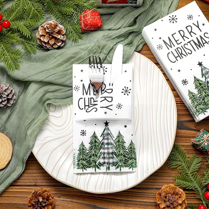 Jetec 200 Pcs Buffalo Plaid Christmas Tree Guests Napkins Watercolor Disposable Paper Napkins Winter Disposable Hand Towels for Bathroom Christmas Decorative for Xmas Dinner Wedding Birthday Party