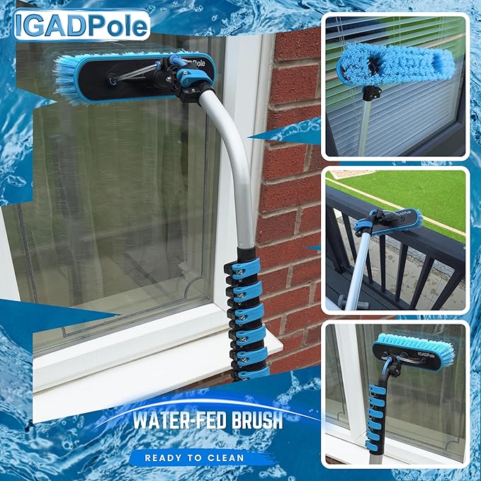 24ft IGADPole Washing Kit: Water-fed Brush, Cobweb Duster and 10” Squeegee and Soap Dispenser, with 6-Stage Telescoping Pole 5-24ft Pole