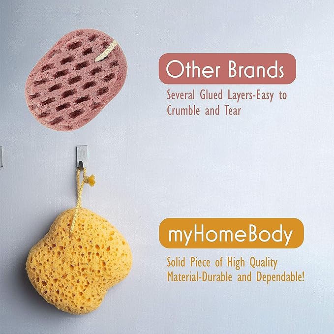 myHomeBody Bath Sponge, Foam Loofah, Body Scrubber for Bathing, Exfoliating Shower Pouf for Shower – Large Size, Lots of Lather, Curvy, 3 Pack