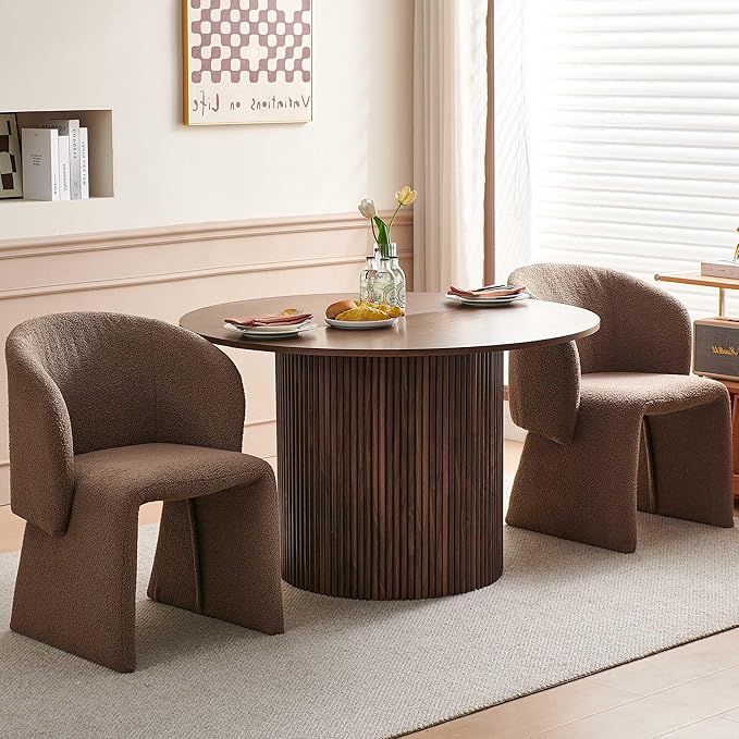 Dining Table Set for 2, 47" Circle Kitchen Table and Brown Upholstered Barrel Dining Room Chairs, Rustic Dinette Set, Engineered Wood Two-Part Tabletop with Walnut Finish