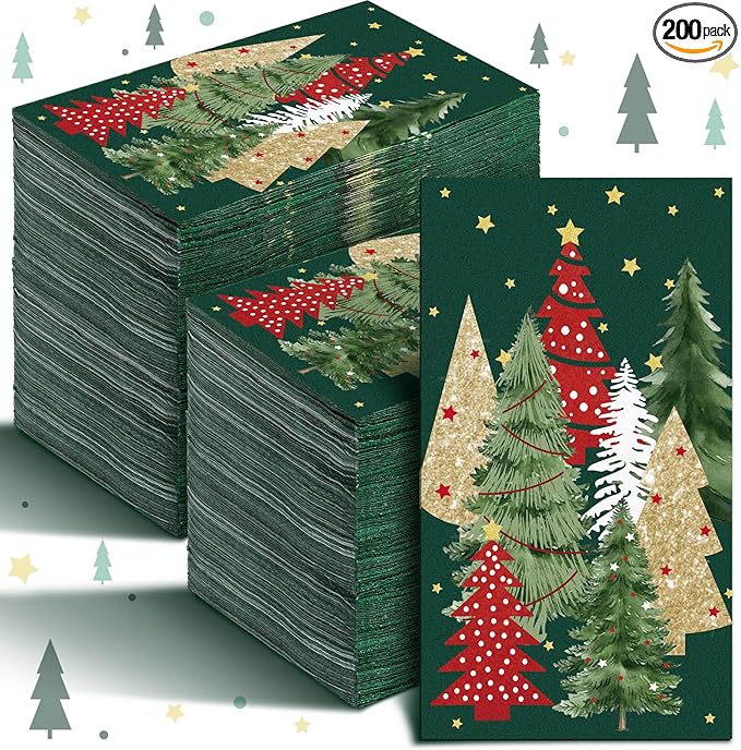 Jetec 200 Pcs Christmas Disposable Paper Guest Towels for Bathroom Christmas Paper Napkins Red Green Xmas Tree Decorative Guests Towel 2 Ply Christmas Napkins for Holiday Kitchen Dining Table