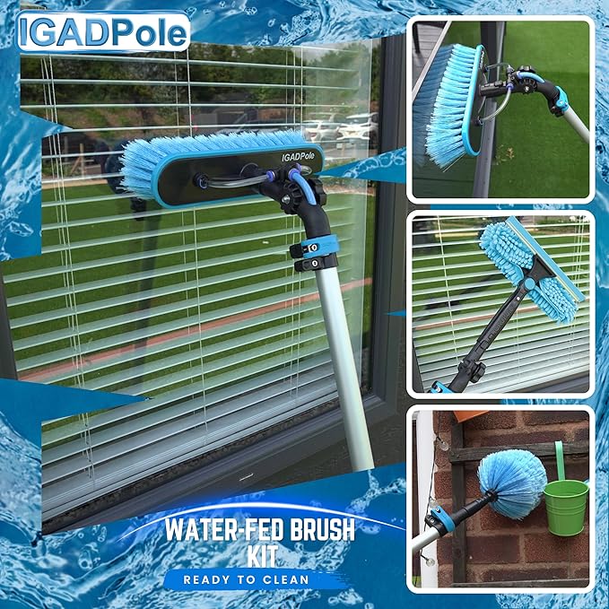 IGADPole Washing Kit: Water-fed Brush, Cobweb Duster and 10” Squeegee and Soap Dispenser, with 5-Stage Telescoping Pole 5-20ft Pole