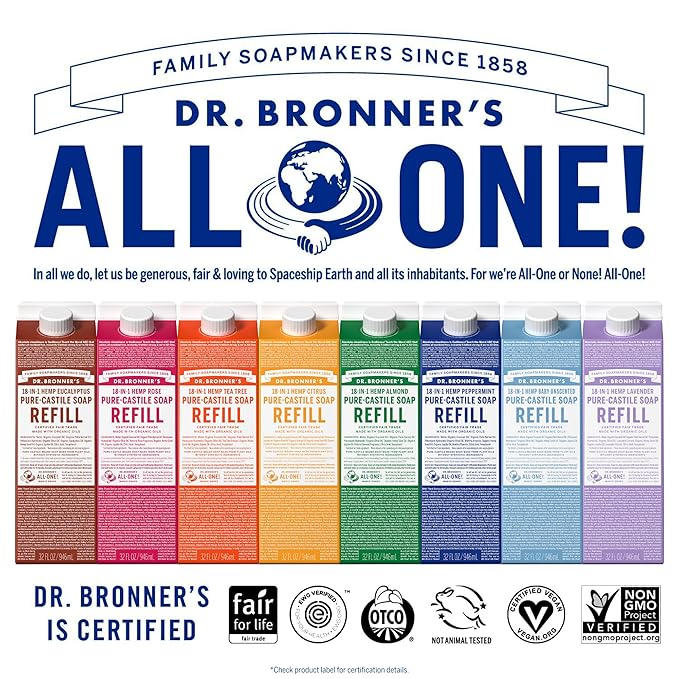 Dr. Bronner's Magic Soap-Pure-Castile Liquid Refill (Eucalyptus, 32 ounce, 2-Pack) - Regenerative Organic Certified Oils, For Body, Hair, Laundry, Pets & Dishes, Concentrated, Vegan, Non-GMO