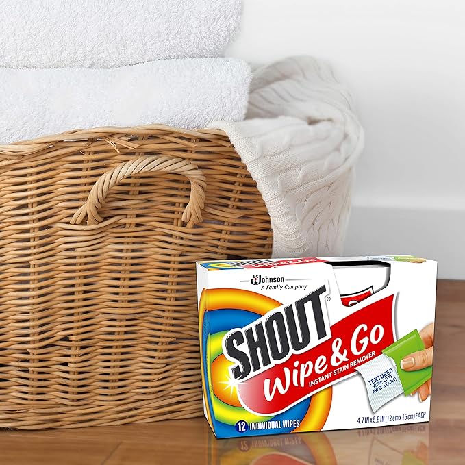 Shout Wipes Stain Remover for Clothes Laundry, Instant Stain Remover and Individually Wrapped, Travel Essentials, Works on Everyday Stains, 12 Wipes per Carton (6 Cartons)