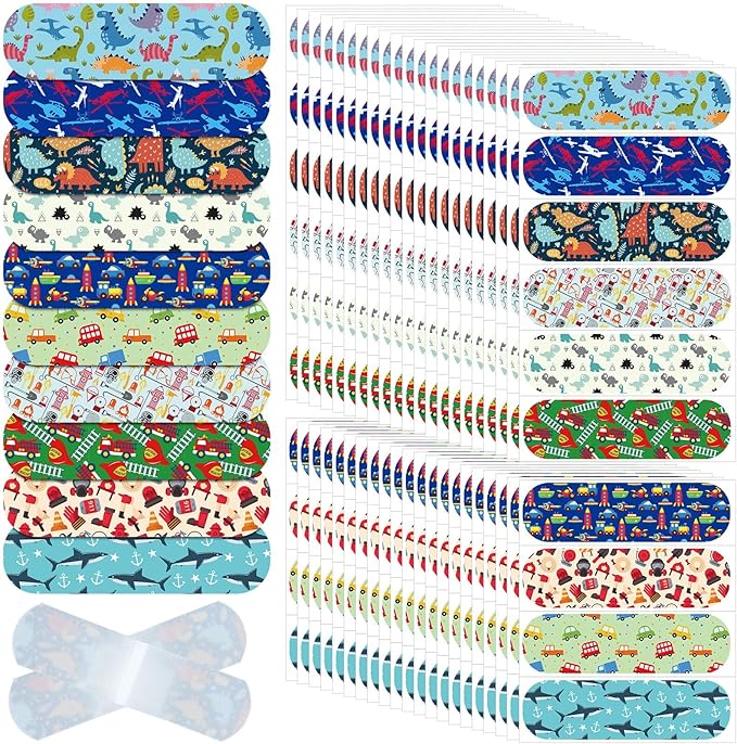 Patelai 300 Pieces Kids Bandages Bulk 10 Styles Children's Adhesive Flexible Colorful Cute Cartoon Bandages Waterproof Breathable Stickers Protection Care Cuts for Girls Boys(Dinosaur)