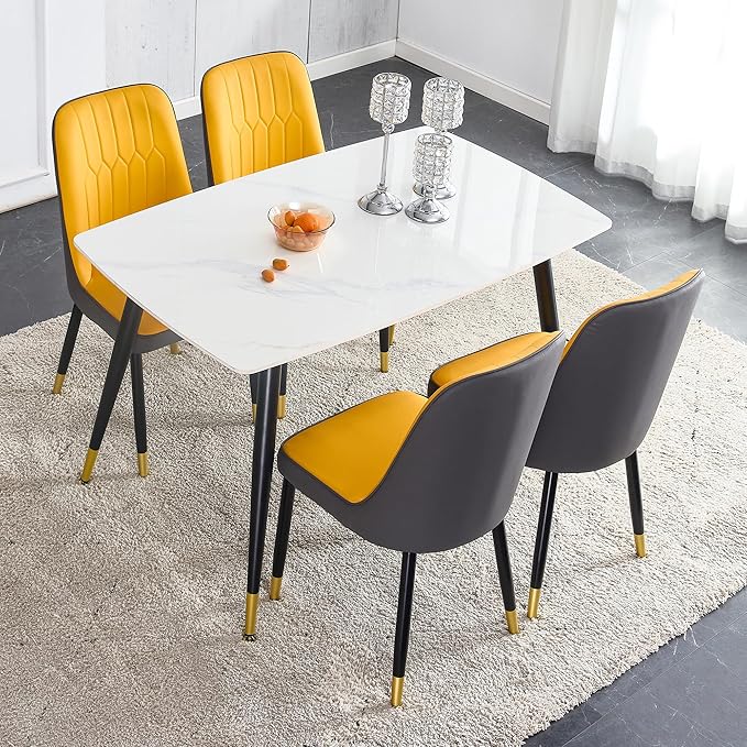 50" White Modern Sintered Stone Dining Table Set for 4 Faux Marble Dining Table with 4 Upholstered PU Leather Chair Dining Room Table Set (1White Table+4Orange and Gray Chairs)