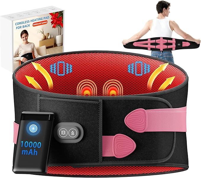 Cordless Heating Pad with Massager for Back Pain Relief, 10000mAh Quiet Lower Back Massager with 3 Heat 3 Vibration, Portable Heated Massage Pad Birthday Gifts for Dad Mom, Pink