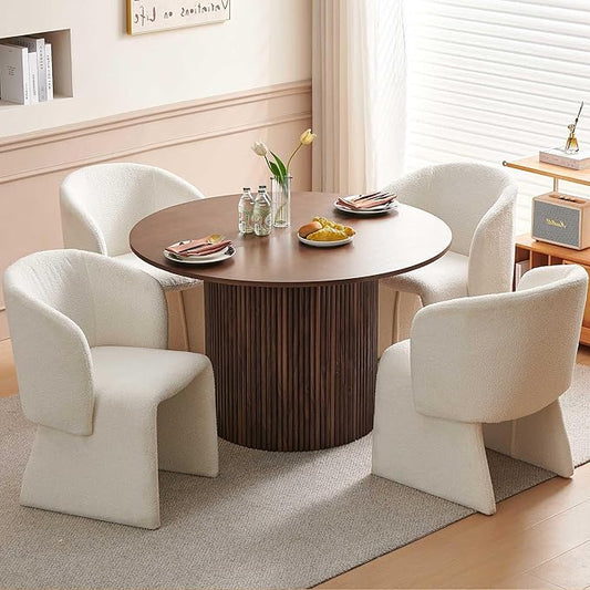 Kitchen Dining Table Set for 4, Farmhouse Round Dining Room Table and 4 Seated Dining Accent Chairs Curved Backrest&Armrest, Modern Dining Room Table Set for Home Dining Hall