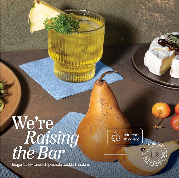 Disposable Cloth-Like Cocktail Napkins, 200 Pack 10" x 10" Linen-Feel Blue Denim Beverage Paper Napkins For Bar, Café, Wedding Or Party