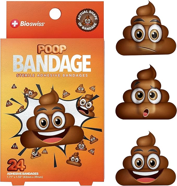 BioSwiss Kids Bandages, Poop Shaped Self Adhesive Bandage Set, Latex Free, Sterile Wound Care, 24 Count