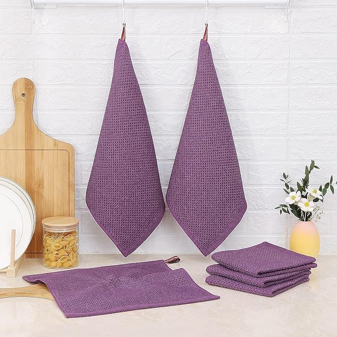 Kitinjoy 100% Cotton Kitchen Dish Cloths, 8 Pack Waffle Weave Ultra Soft Absorbent Dish Towels for Drying Dishes Quick Drying Kitchen Towels Dish Rags, 12 X 12 Inches, Violet