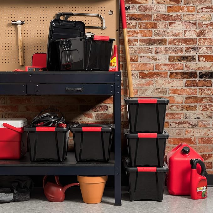 IRIS USA Stack and Pull 19 Quart Black Plastic Storage Tote Container Box Bin with Red Handles for Indoor/Outdoor Home, Garage, or Closet (6 Pack)