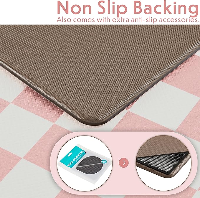 Pink Checkered Kitchen Mats for Floor Set of 2, 2 Pcs Cushioned Non Slip Runner Rugs for Kitchen/Sink/Laundry, Comfort Aesthetic Cute Anti-Fatigue Foam Floor Mat 17.3"x29.5"+17.3"x47.2"