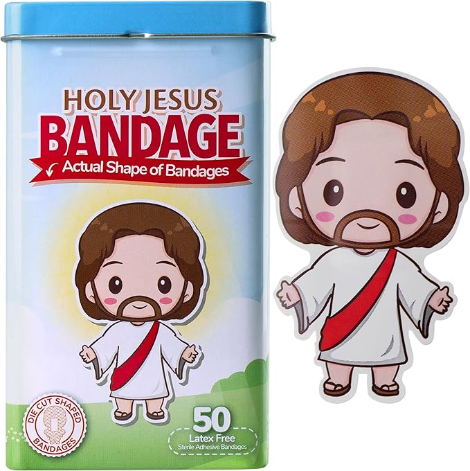BioSwiss Kids Bandages, Holy Jesus Shaped Self Adhesive Bandage Set, Latex Free, Sterile Wound Care, 50 Count