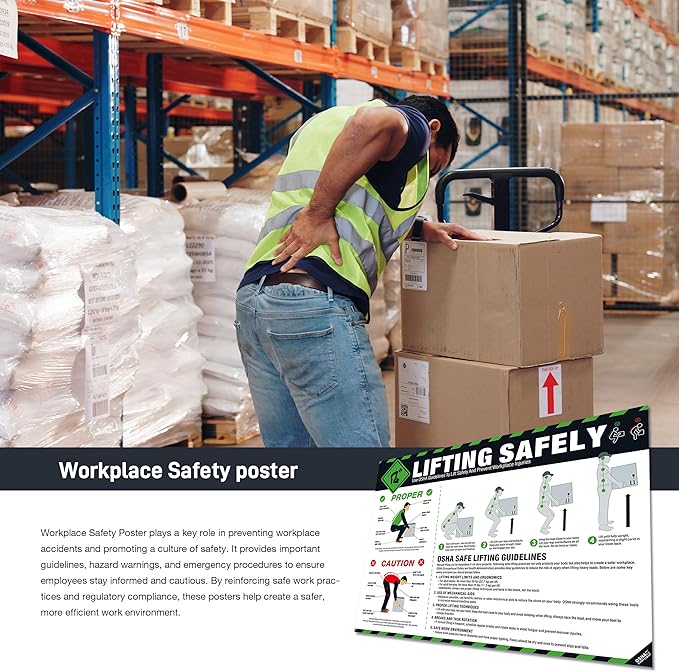 Lifting Safety Poster 18'' x 24'', OSHA OSHA Compliant Workplace Safety Guide for Proper Lifting, Prevent Back Strain & Injuries, Waterproof, Tear-Resistant Safe Manual Handling Sign Poster