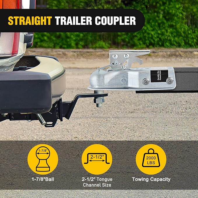 Nilight Straight Trailer Coupler with Safety Latch&Chain for 1-7/8 Inch Hitch Ball, 2-1/2 Inch Channel,2000 LBS,Heavy Duty Trailler Tongue Coupler for Station Wagon, Truck, Bolted&Welded Installation