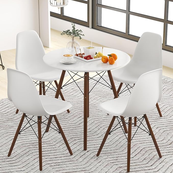 Tangkula Round Dining Table Set for 4, Modern Circle Kitchen Table & 4 Chairs with Ergonomic Seats and Solid Wood Legs, 5-Piece Dining Room Set for Small Spaces, Kitchen, Living Room