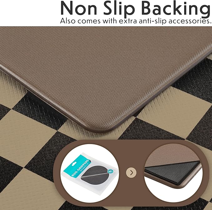 Checkered Kitchen Mats for Floor Set of 2, 2 Pcs Cushioned Non Slip Runner Rugs for Kitchen/Sink/Laundry, Comfort Aesthetic Cute Anti-Fatigue Foam Floor Mat (Brown/Black)