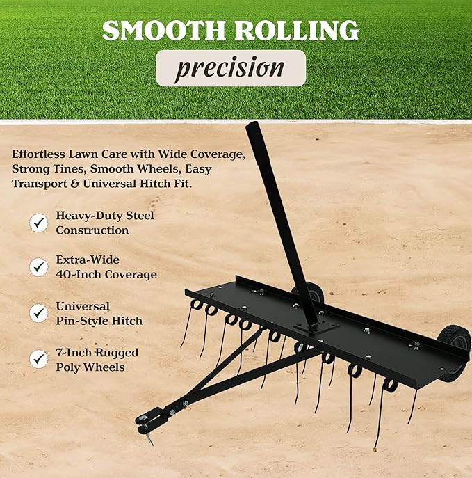 Yard Tuff Tine Dethatcher Attachment, 40 Inch Pull Behind Thatcher for Lawn Mower, Tractor and ATVs, with Heat-Treated Tines for Grass, Leaves, Debris