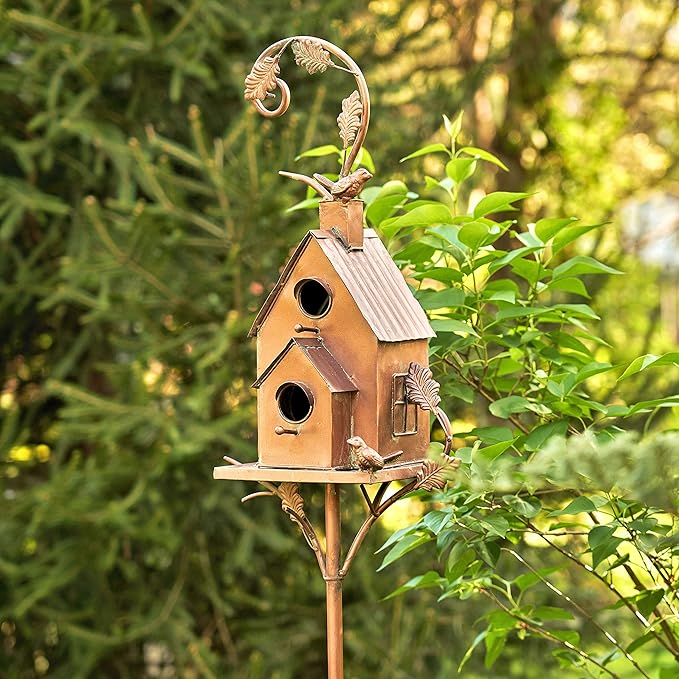 Zaer Ltd. Copper Colored Multi-Birdhouse Stakes, Room for 2 Bird Families in Each (Classic Home)