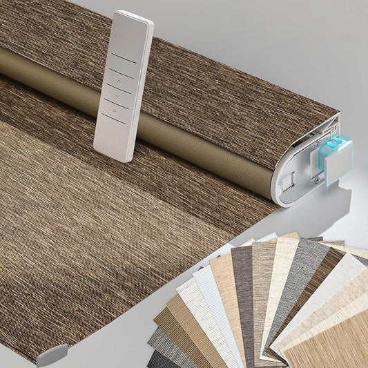 Persilux Smart Motorized Blinds with Remote, No Drill Automatic Roller Shades for Indoor Windows, Blackout Linen Fabric, Electric Blinds for Windows, Nature Brown C153BO-11, Custom Size