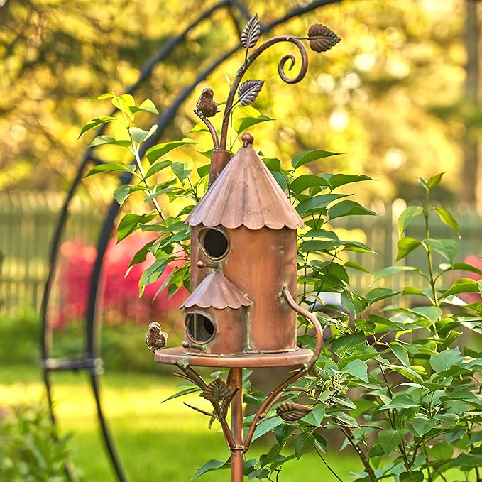 Copper Colored Multi-Birdhouse Stakes, Room for 2 Bird Families in Each (Farm Silos)