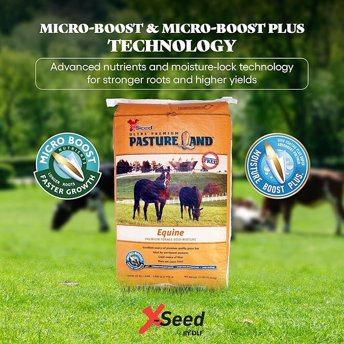 X-Seed Pasture Land Equine Forage Seed Mixture with Micro-Boost – No Mow Pasture Grass with Clover, Ryegrass & Perennial Greens – Recommender for Horses, & Livestock – Premium Blend, 25-Pound