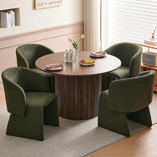 Dining Table Set for 4, 47" Round Kitchen Table and Green Upholstered Barrel Dining Room Chairs Set, Rustic Dinette Set, Engineered Wood Two-Part Tabletop with Walnut Finish