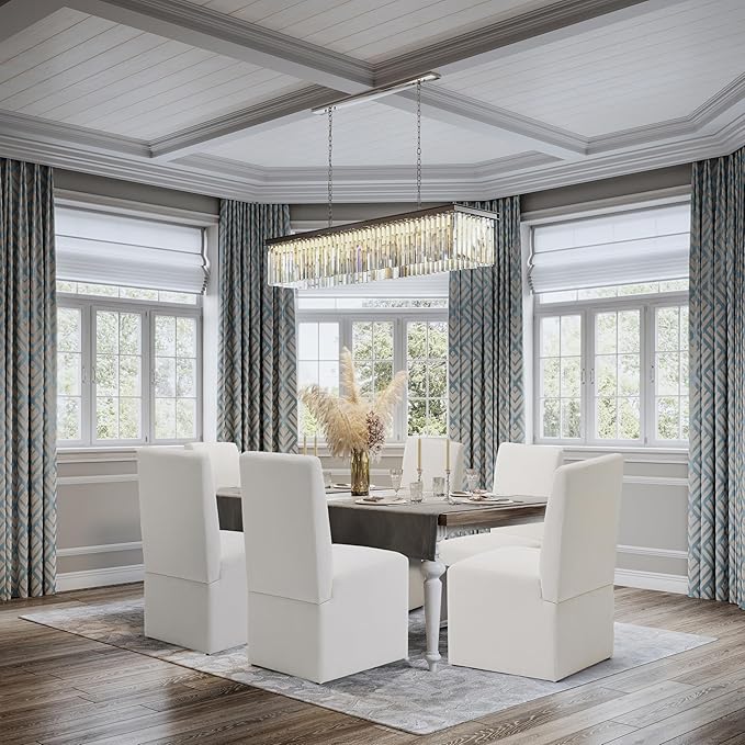 Upholstered Dining Chairs Set of 6 Modern Kitchen & Dining Room Chairs Linen Fabric Dining Chairs with Wooden Frame, White