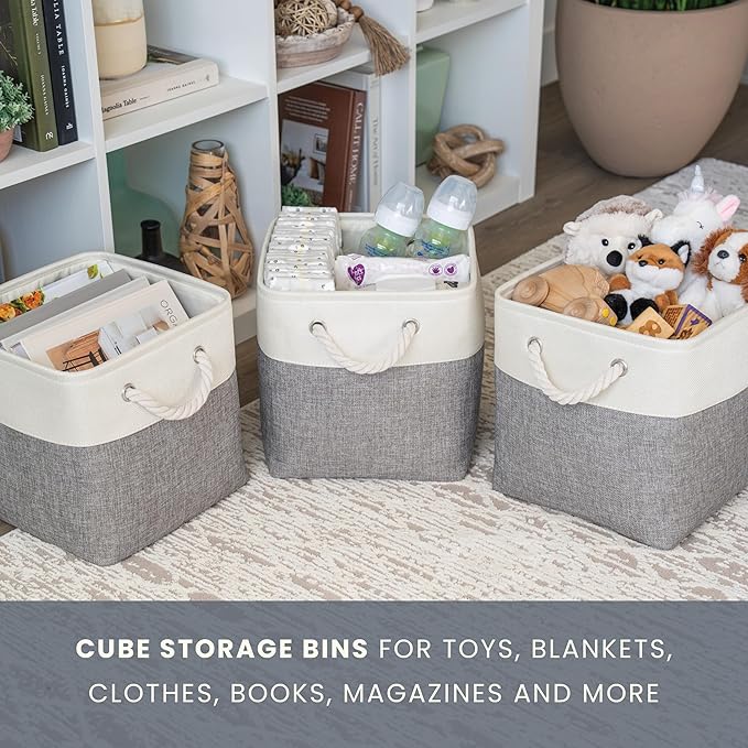 OrganiHaus 12x12 Cube Storage Bins 3 Pack, Foldable Cube Storage Organizer w/ Rope Handles, Collapsible Fabric Bins for Toys, Clothes & Closet Organization, Fabric Square Baskets - Gray/White