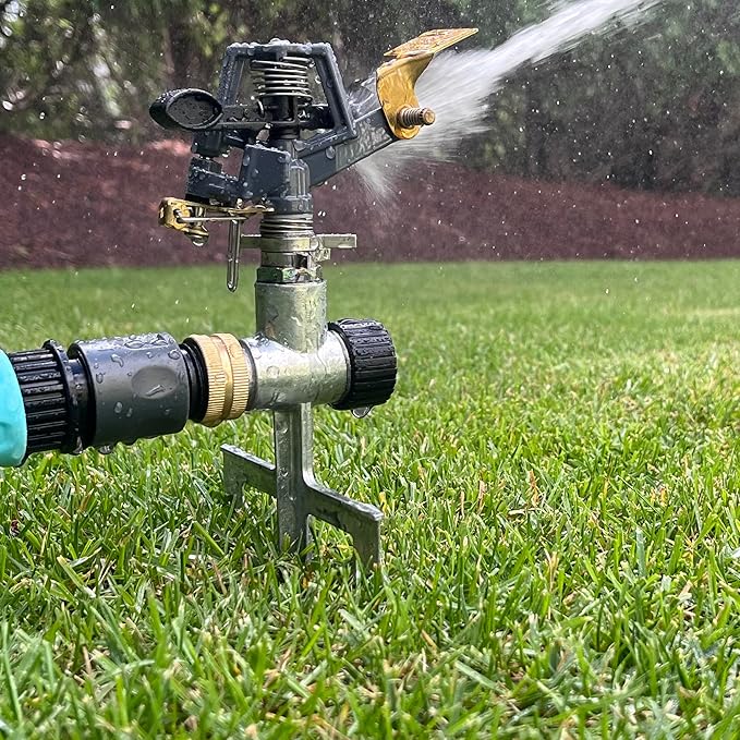 Pulsating Impact Lawn Sprinkler 300009 on Metal Step Spike, Adjustable to 360 Degrees by New England Garden Tools
