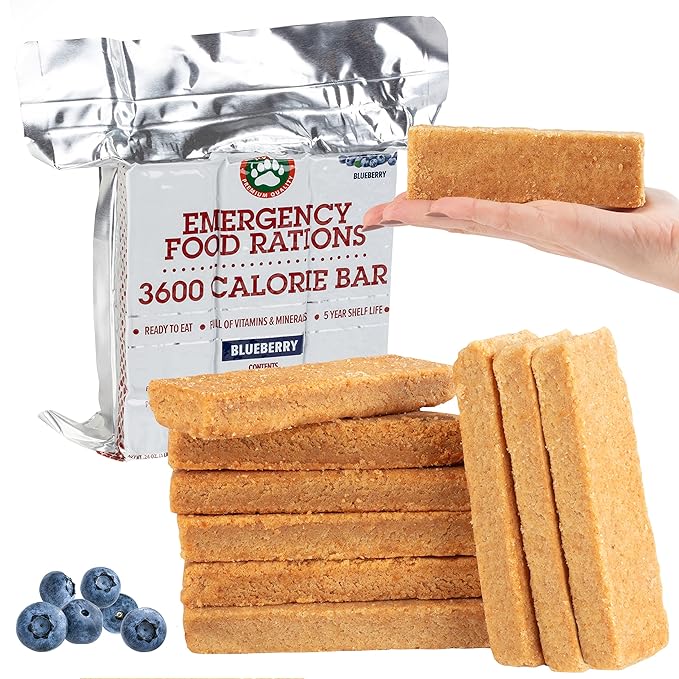 Grizzly Gear Emergency Food Rations- 3600 Calorie Blueberry Bar - 15 Day, 360 Hour Supply For Disaster, Hurricane, Flood Preparedness - Less Sugar, More Nutrients Than Other Brands - 5 Year Shelf Life