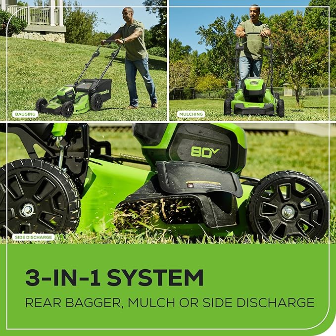 Greenworks 80V 21” Brushless (Self-Propelled) Cordless Electric Lawn Mower + (580 CFM) Axial Leaf Blower + 16” (Attachment Capable) String Trimmer, 4.0Ah Battery and 60 Minute Rapid Charger
