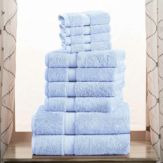 Superior Egyptian Cotton Pile 10 Piece Towel Set, Includes 2 Bath, 4 Hand, 4 Face Towels/Washcloths, Ultra Soft Luxury Towels, Thick Plush Essentials, Guest Bath, Spa, Hotel Bathroom, Light Blue