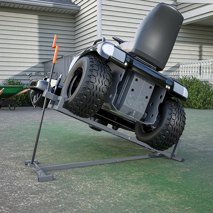 Lawn Mower Lift Jack Heavy Duty Lawnmower Jack for Ride on Lawn Mowers & Garden Tractors, Space-Saving Foldable Large Riding Lawn Tractor Lift with Manual and Power Tool Handles Fit Multiple Mowers