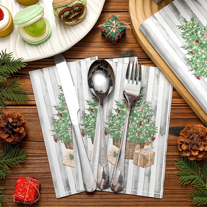 Jetec 200 Pieces Christmas Napkins Christmas Tree Disposable Guests Paper Napkins Winter Stripes Disposable Hand Towels for Bathroom Christmas Decorative for Xmas Dinner Wedding Birthday Party
