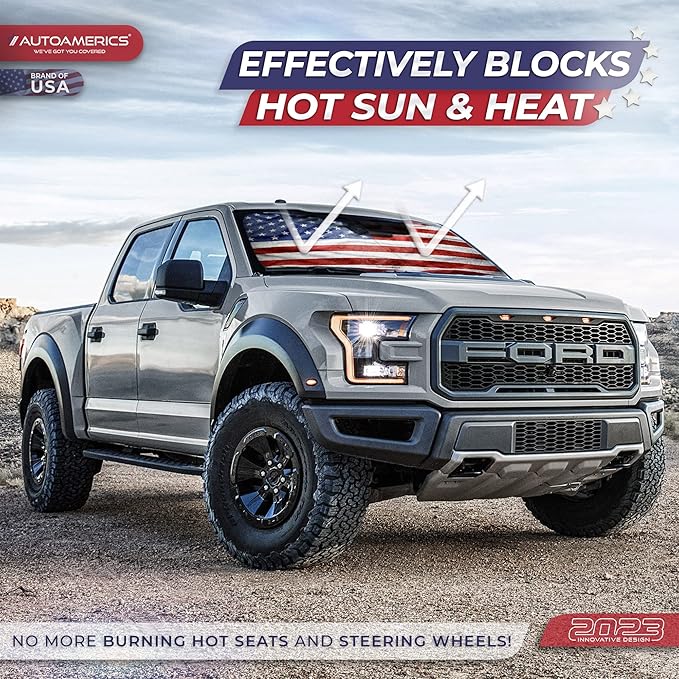 Autoamerics 1-Piece Windshield Sun Shade Grunge American Flag - 3 USA Design - Foldable Car Front Window Sunshade for Most Sedans SUV Truck - Blocks Max UV Rays and Keeps Your Vehicle Cool - Medium