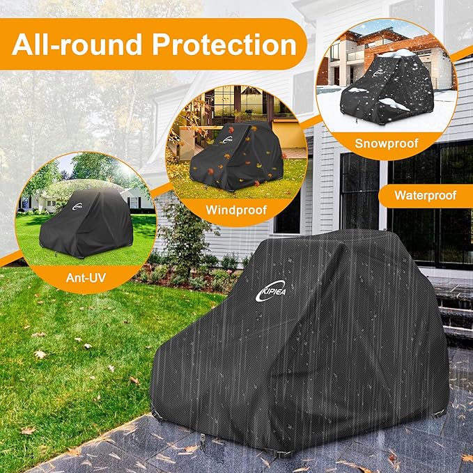 Kipiea Zero Turn Mower Cover- 600D Heavy Duty Outdoor Zero Turn Lawn Mower Cover Waterproof Universal Fit with 4 Buckles, 2 Drawstrings and Storage Bag